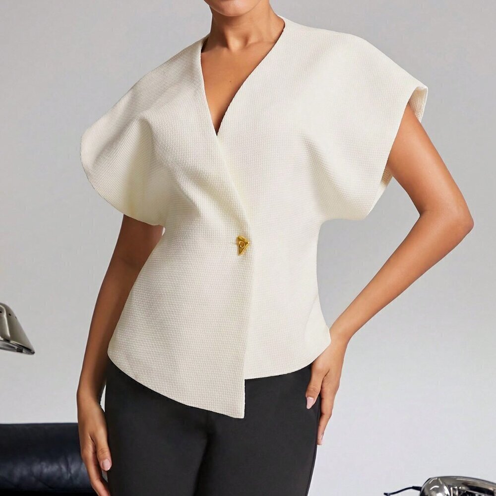 White Elegant Women's Blouse With Butterfly Brooch - Picture 1 of 8